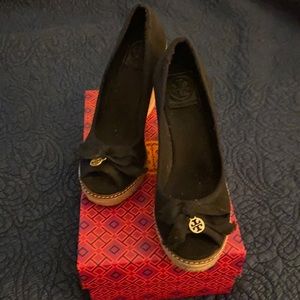 Black Tory Burch wedge espadrilles.
